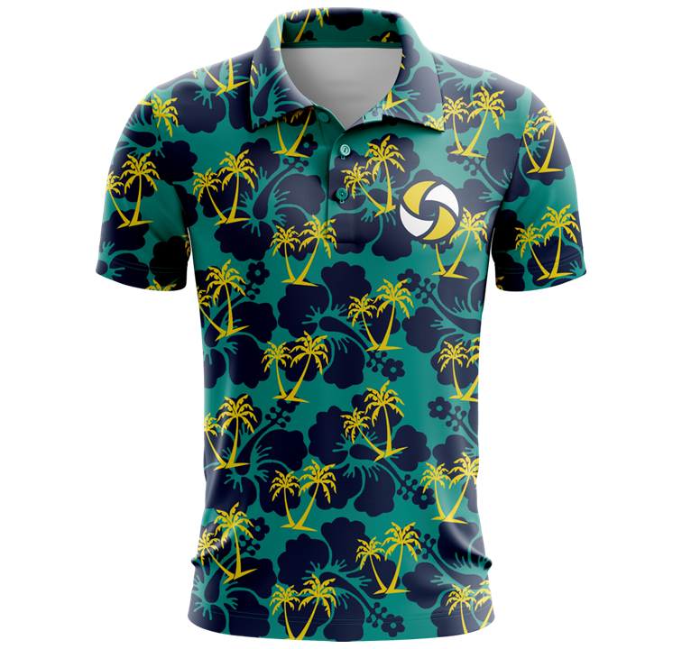 Mockup of the Elevate corporate polo in teal and navy hibiscus print