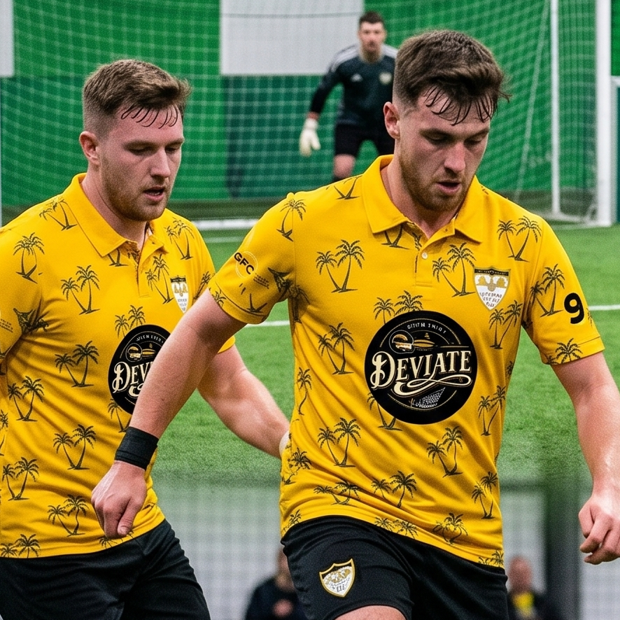 SAK FC players in yellow palm-print club shirts during a match