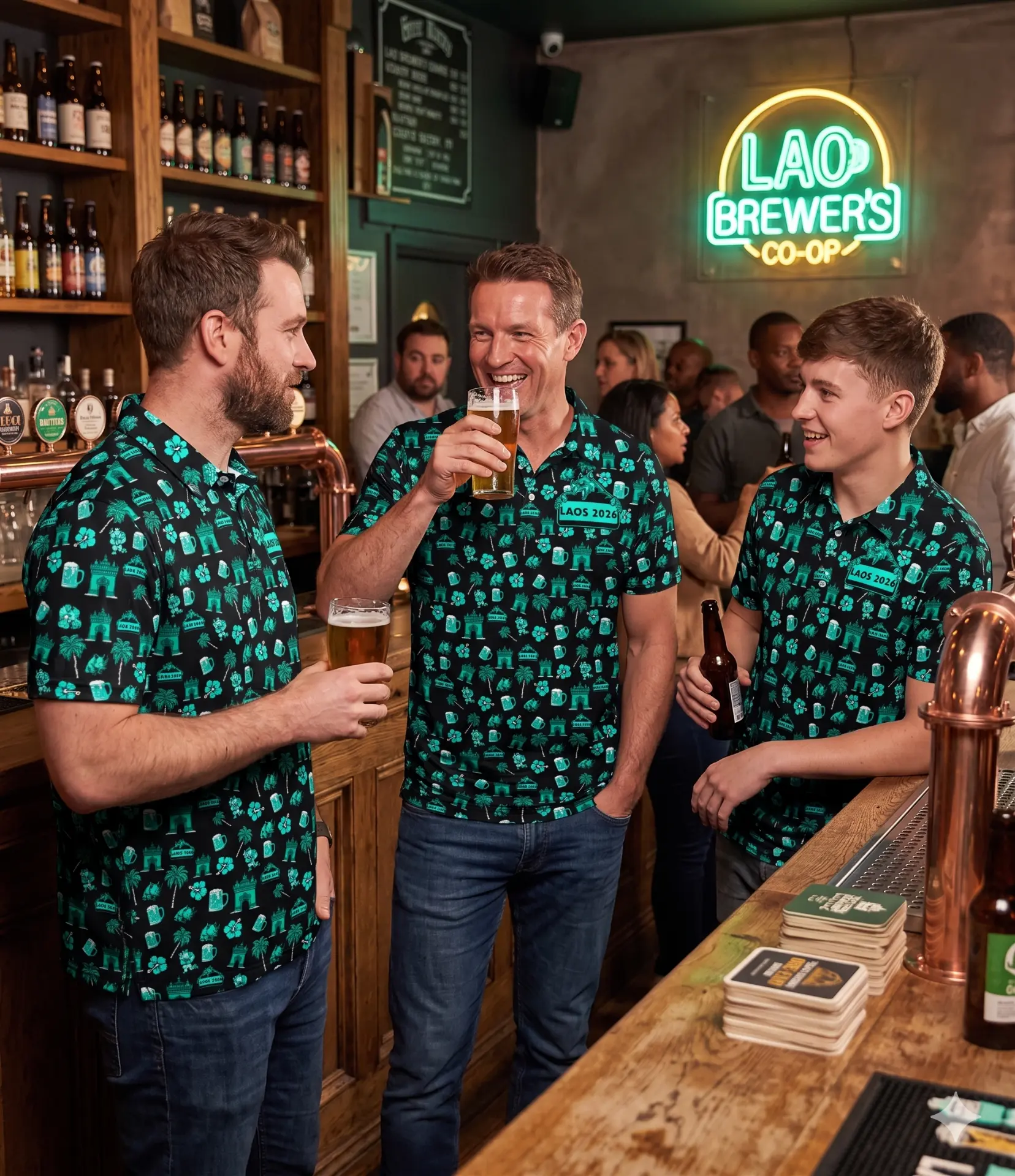 Three Rhinos RFC tourists in black and turquoise Laos 2026 tour polos at a Lao brewery bar