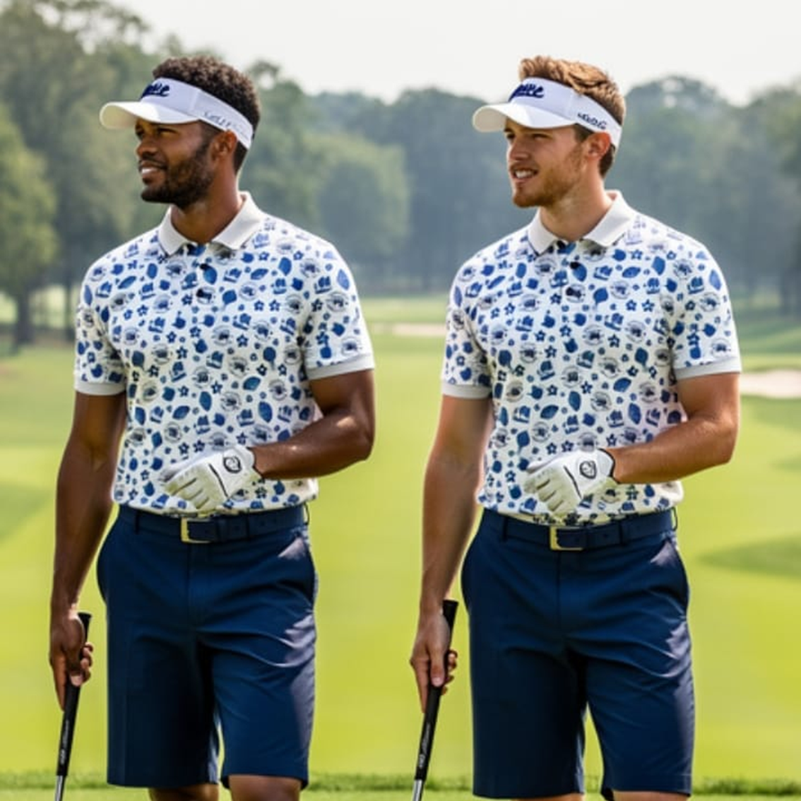 Two golfers on the fairway wearing white HKFC Golf Section 2026 polos with blue Hong Kong icon print