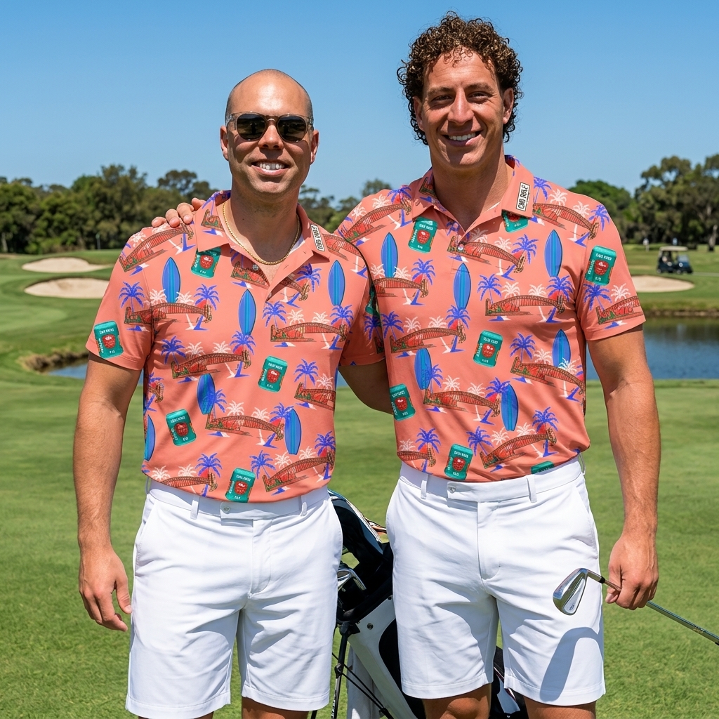 Two golfers on the course in matching coral North v South Sydney 2026 tour polos with Harbour Bridge and surfboard print