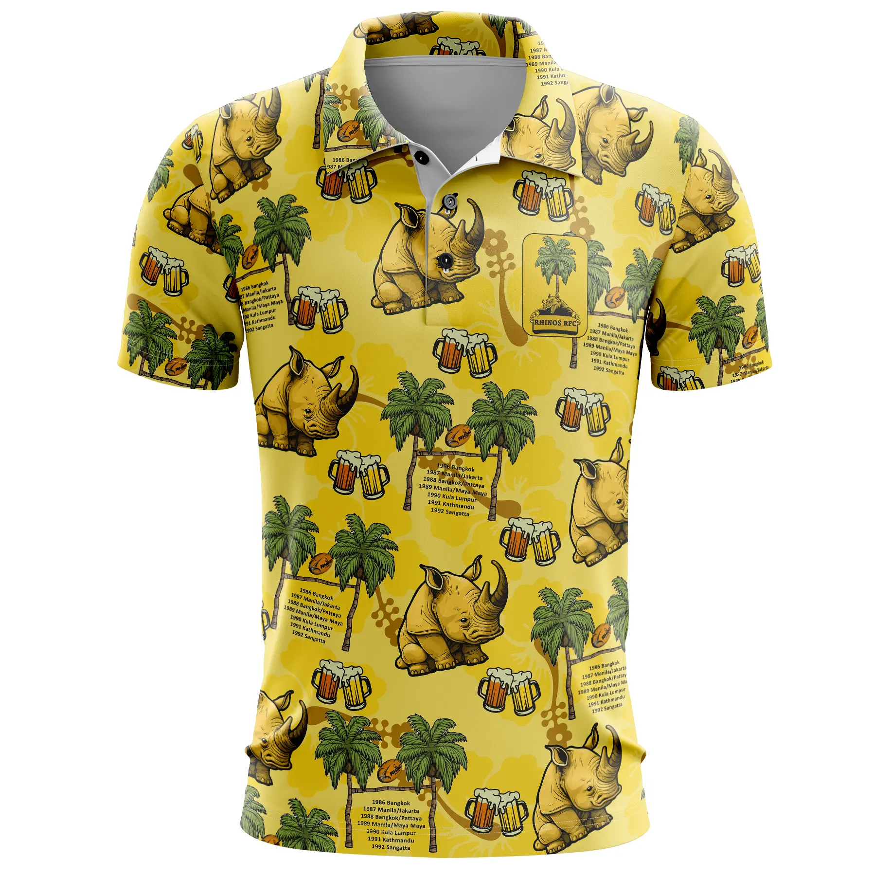 3D mockup of the Rhinos RFC 2025 tour polo with rhino, palm tree and beer print