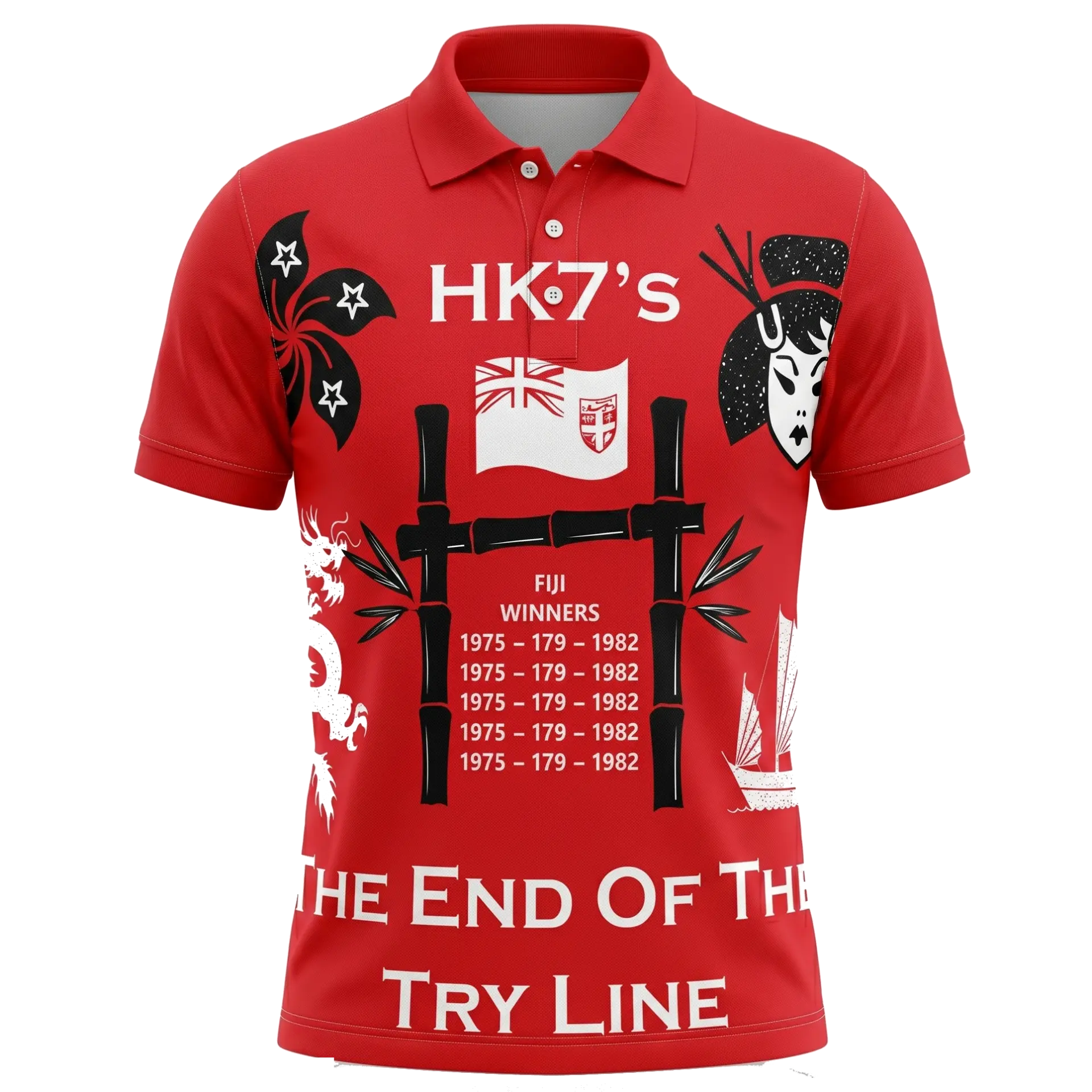 Mockup of the HK 7s 2025 polo in red with bauhinia, dragon and bamboo print