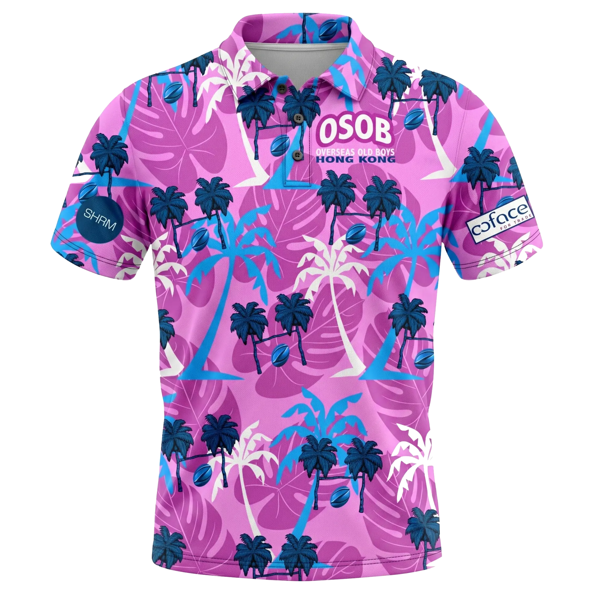 Mockup of the OSOB Hong Kong 10s 2026 polo in pink with blue palm tree print