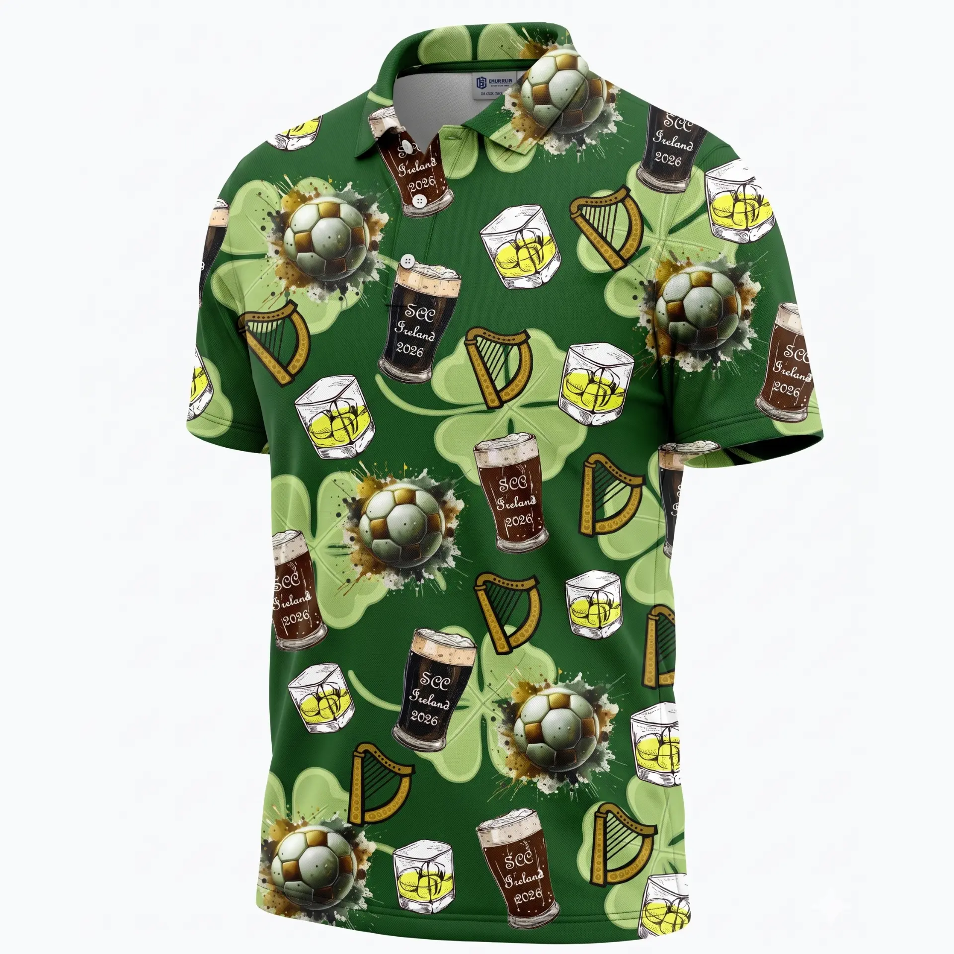 Mockup of the SCC Old Boys Ireland 2026 tour polo in green