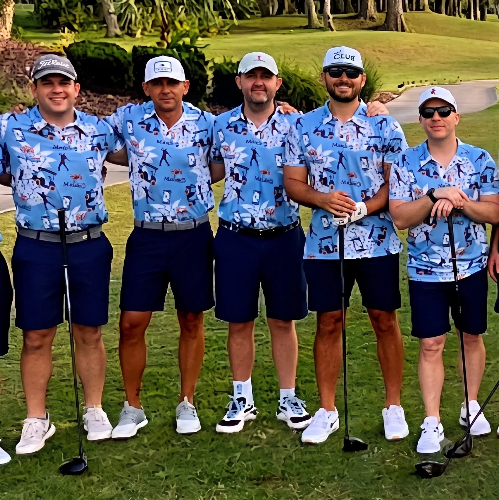 Five golfers arm in arm on the course in matching sky blue Mahalo Tour polos
