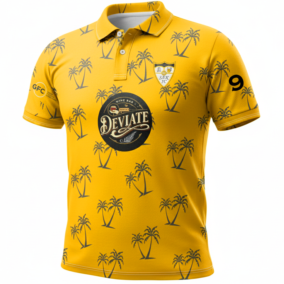 Mockup of the SAK FC yellow palm-print club polo