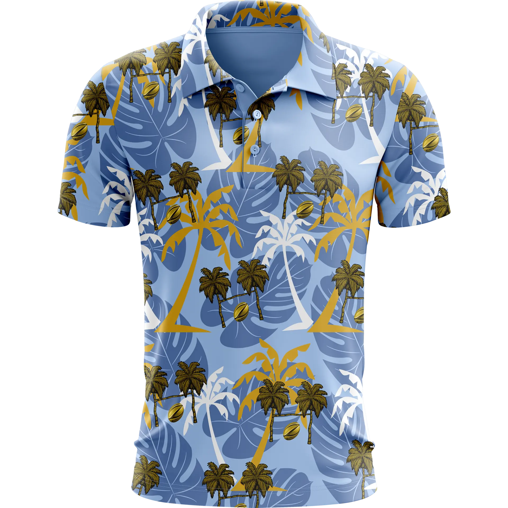 3D mockup of the 2025 Perth 7s polo in sky blue with gold palm trees and rugby balls