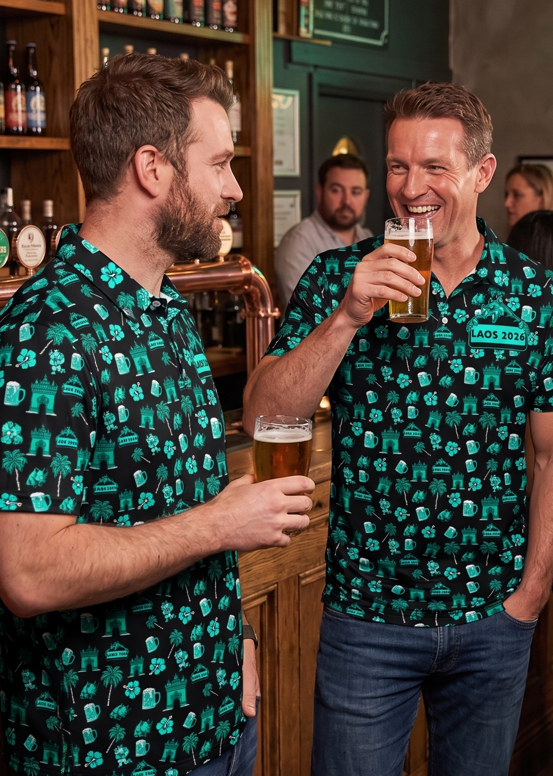 Two friends in matching custom tour polos with a beer