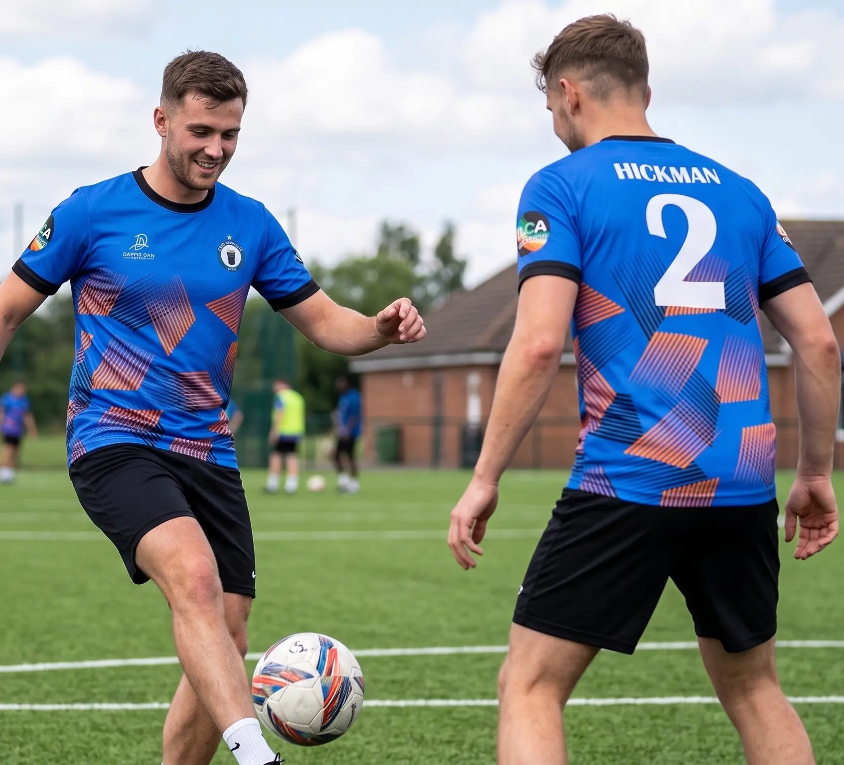 Two CBD Rangers players training in blue home kit jerseys with orange print