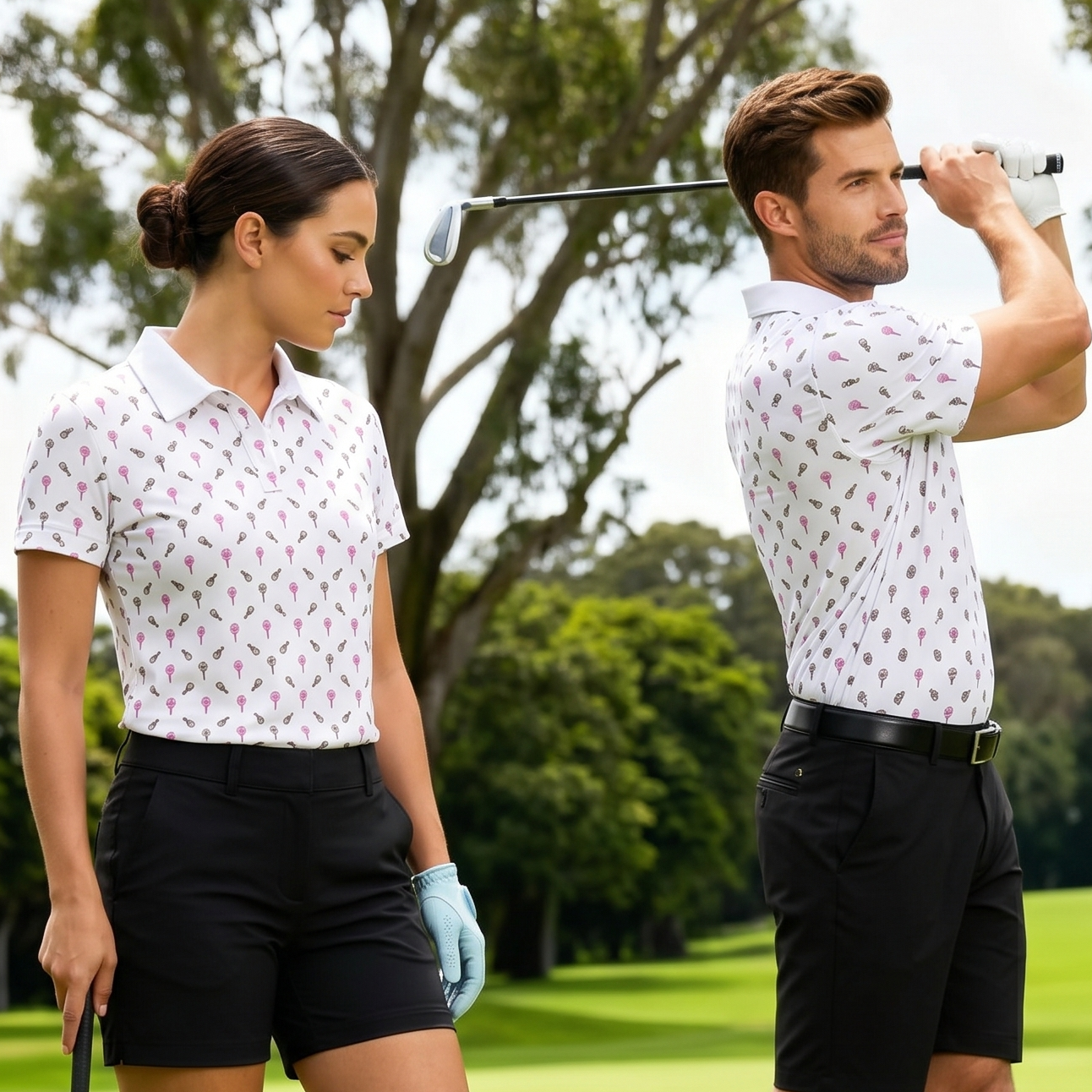 Golfers wearing the 7 Iron polo design