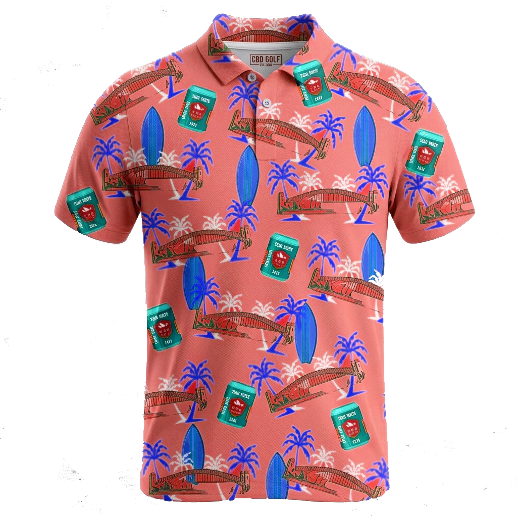 3D mockup of the North v South Sydney 2026 Golf Comp polo in coral with Sydney Harbour Bridge, surfboard, palm tree and tinnie print