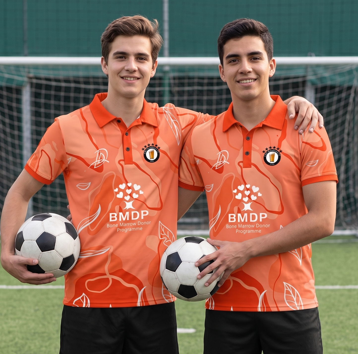 CBD Wanderers players in matching orange leaf-print home kit polos