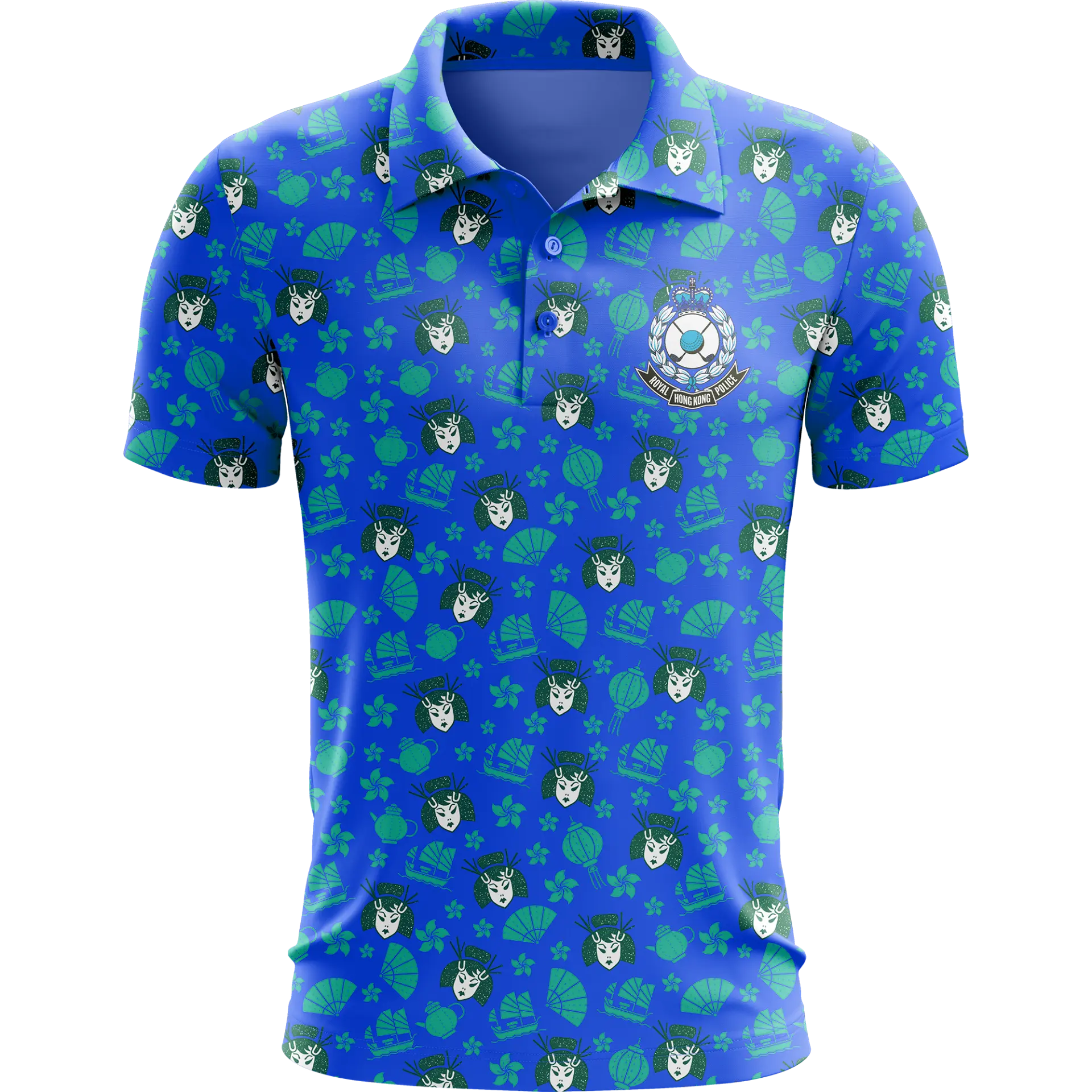 3D mockup of the HK Police South Africa Tour 2026 polo in blue with jade junk boat and lantern print