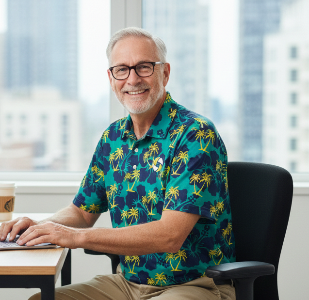Colleagues in matching teal and navy hibiscus print Elevate polos