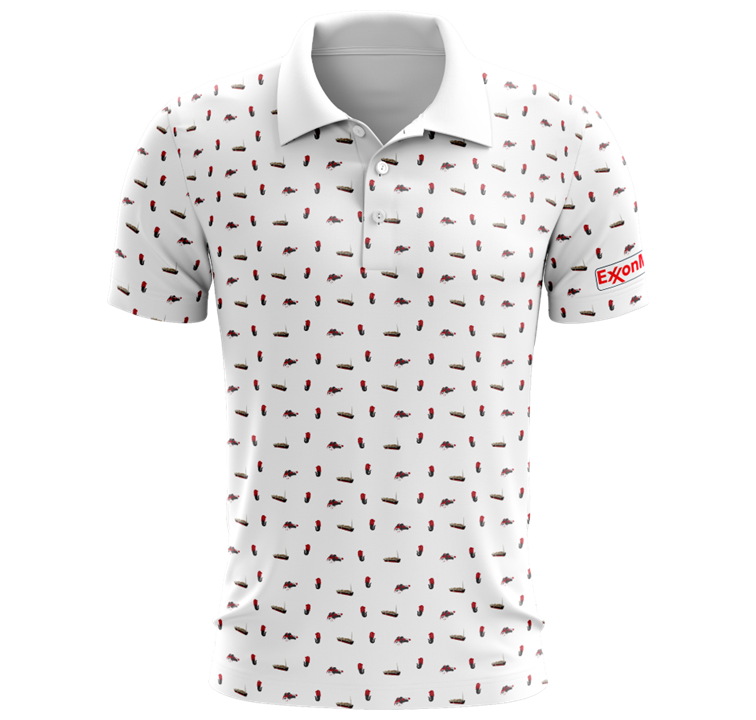 Mockup of the ExxonMobil Golf Day 2025 polo in white