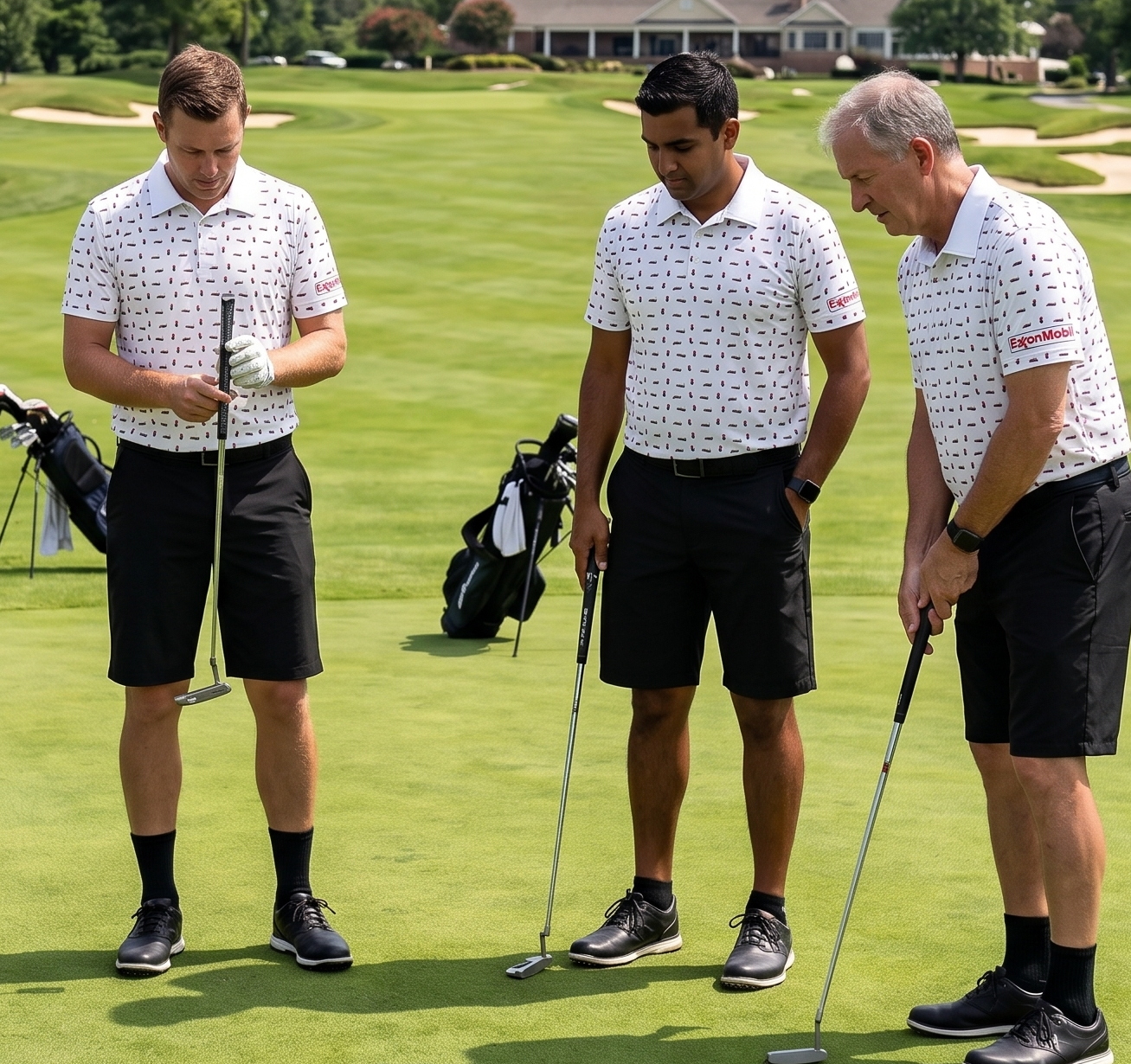 Colleagues on the putting green in matching white micro-print golf day polos