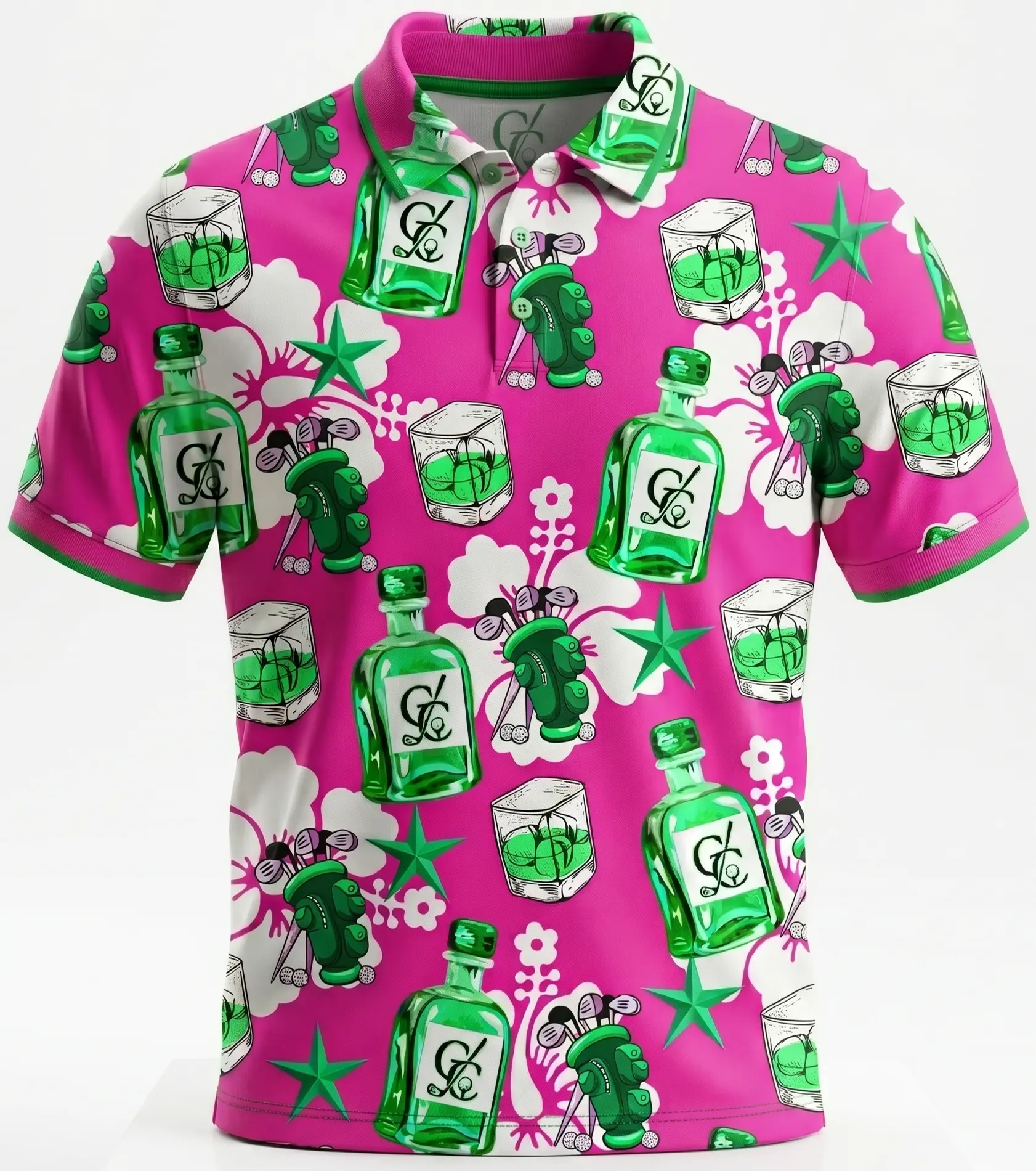 Mockup of the CUZZY Golf tour polo in hot pink with green whisky bottles and golf bags