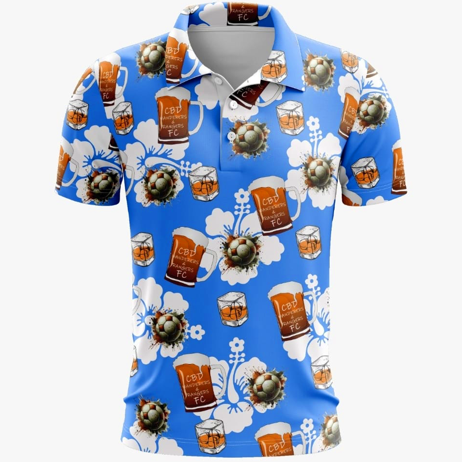 Mockup of the CBD Wanderers après polo in blue with hibiscus and football print