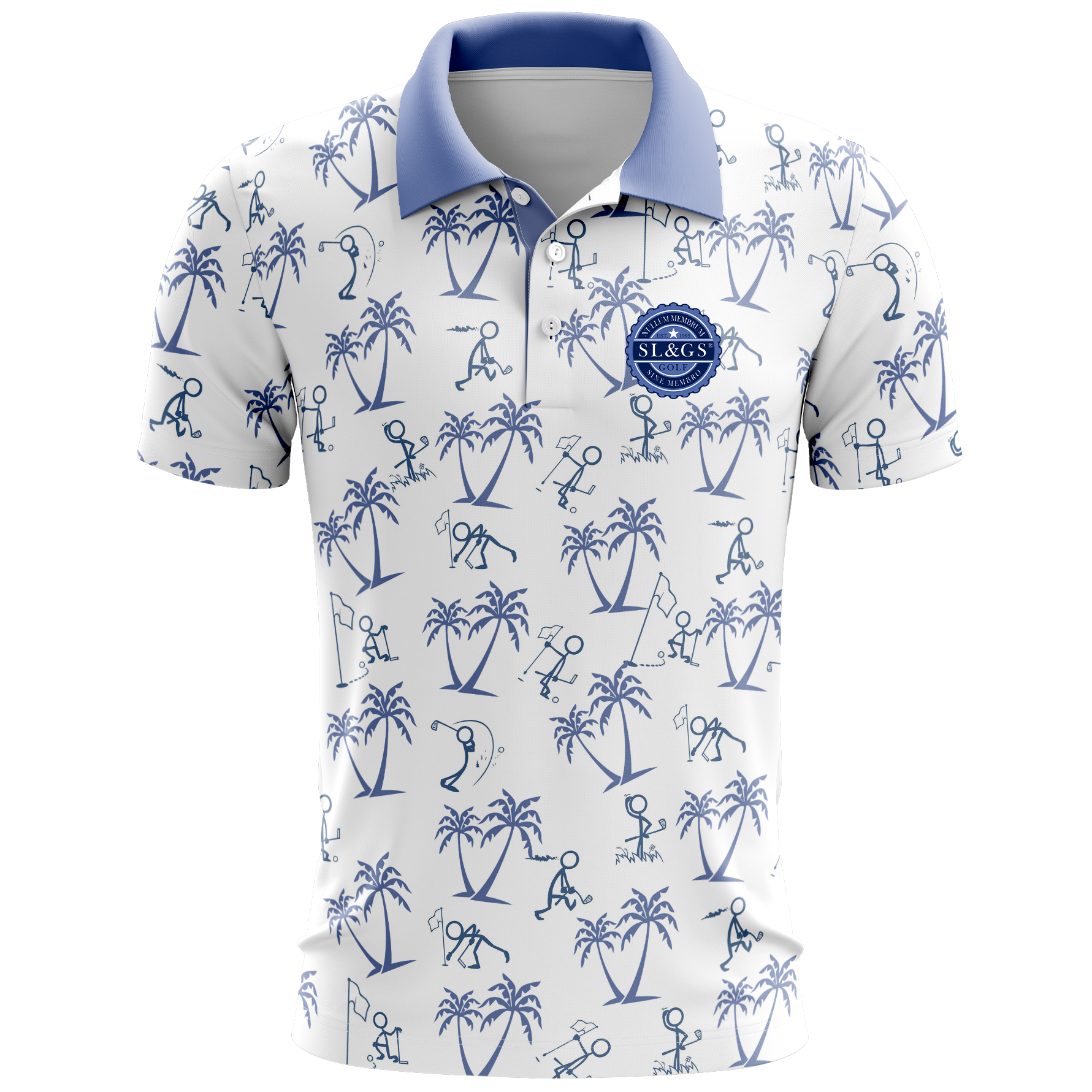 3D mockup of the SL&GS 2025 Vietnam tour polo in white with blue palms, stick-figure golfers and a blue collar