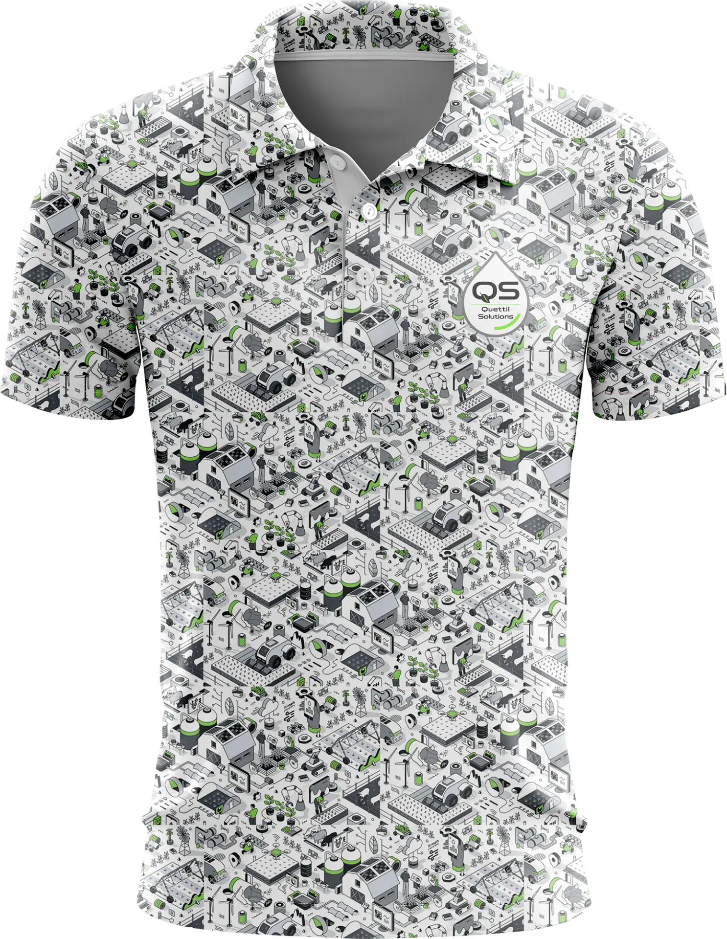 Mockup of the Quettil Solutions polo in white with grey and green line-art print