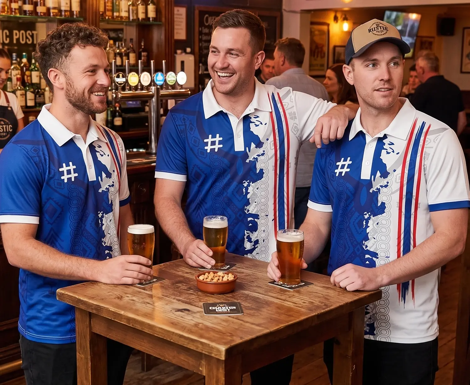 Three Sahara FC players at the bar in matching blue and white après shirts