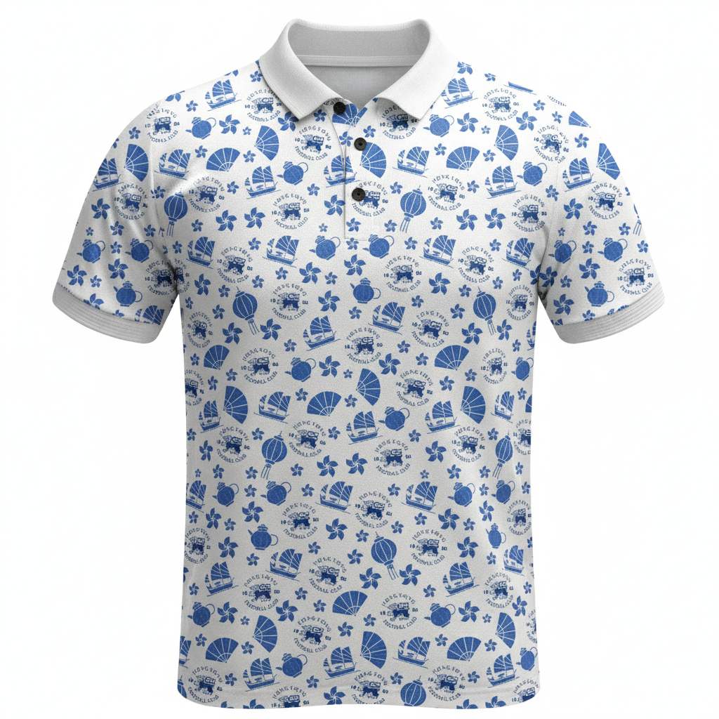 Mockup of the HKFC Golf Section 2026 polo in white with blue junk boat and lantern print