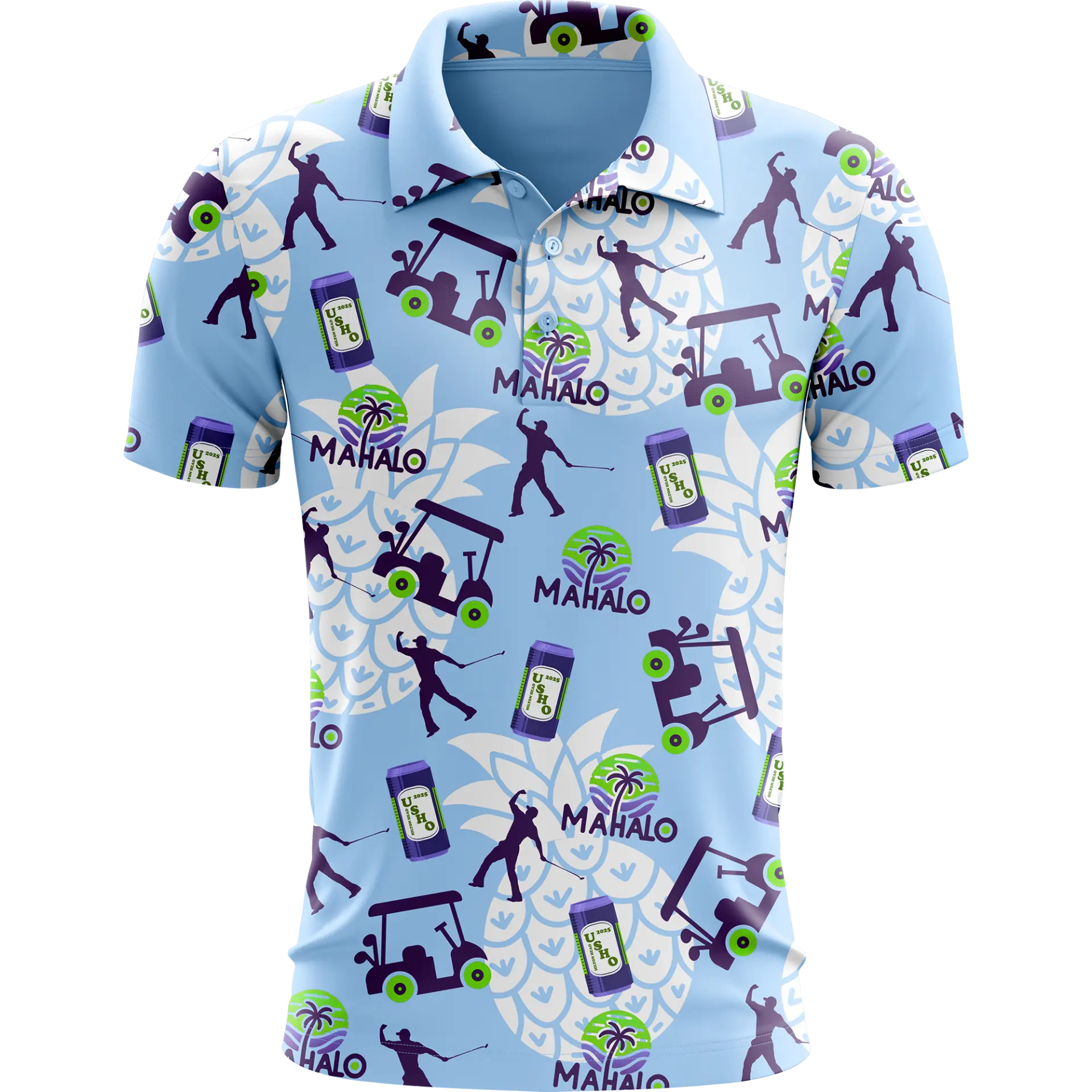 Mockup of the Mahalo Tour 2024 polo in sky blue with pineapple and golf buggy print