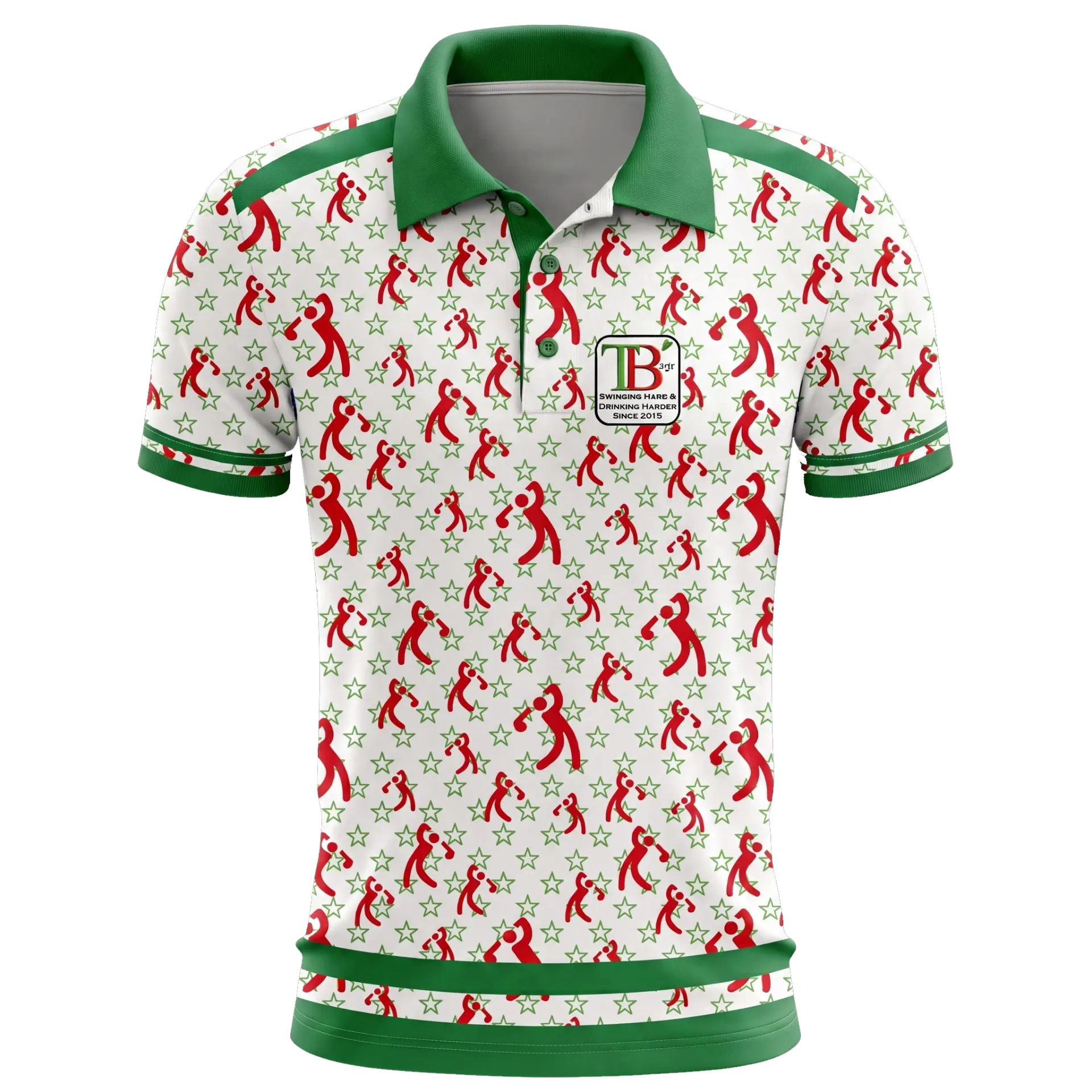 3D mockup of the TBags 2025 anniversary polo in white with green collar and red golfer star print