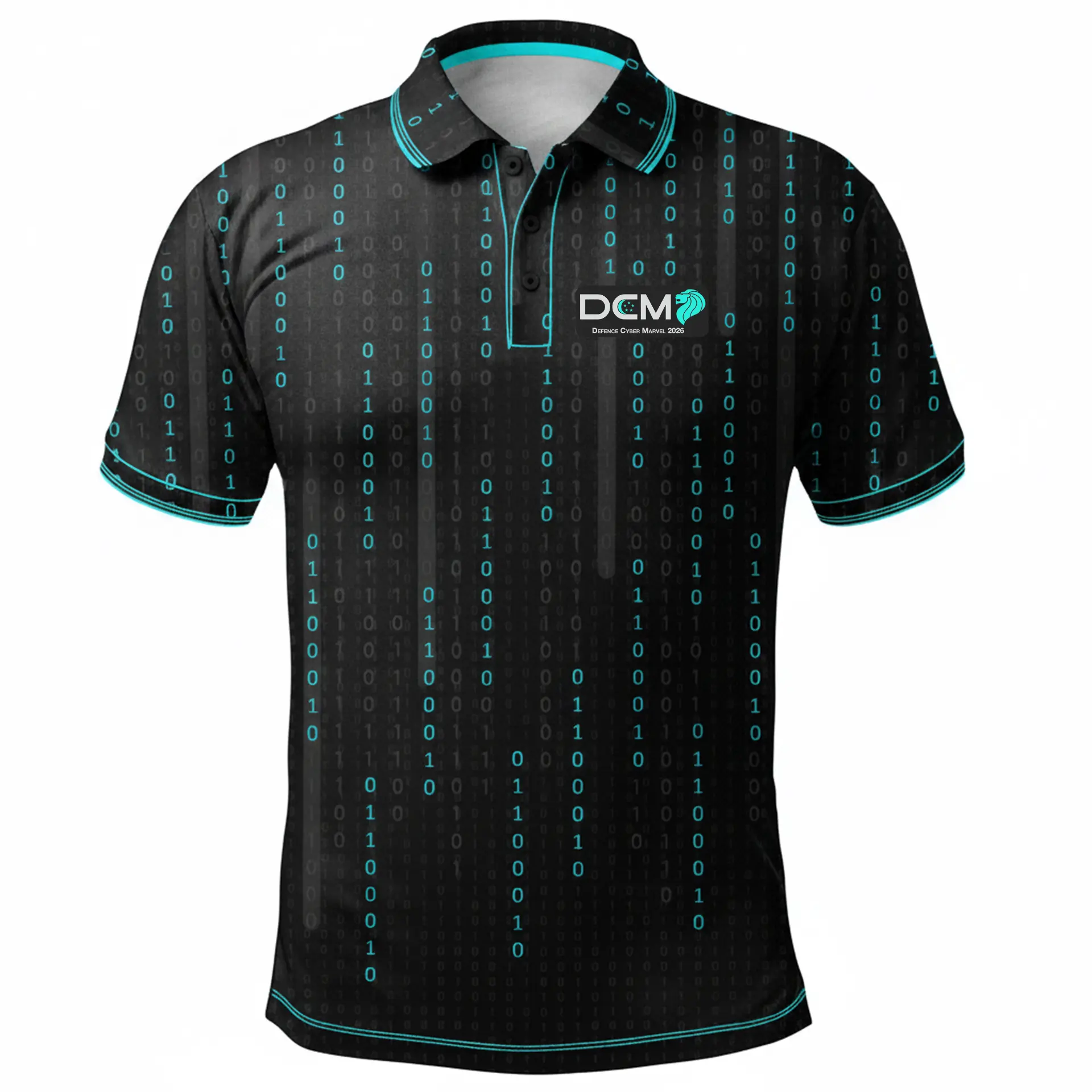 Mockup of the Defence Cyber Marvel 2026 polo in black