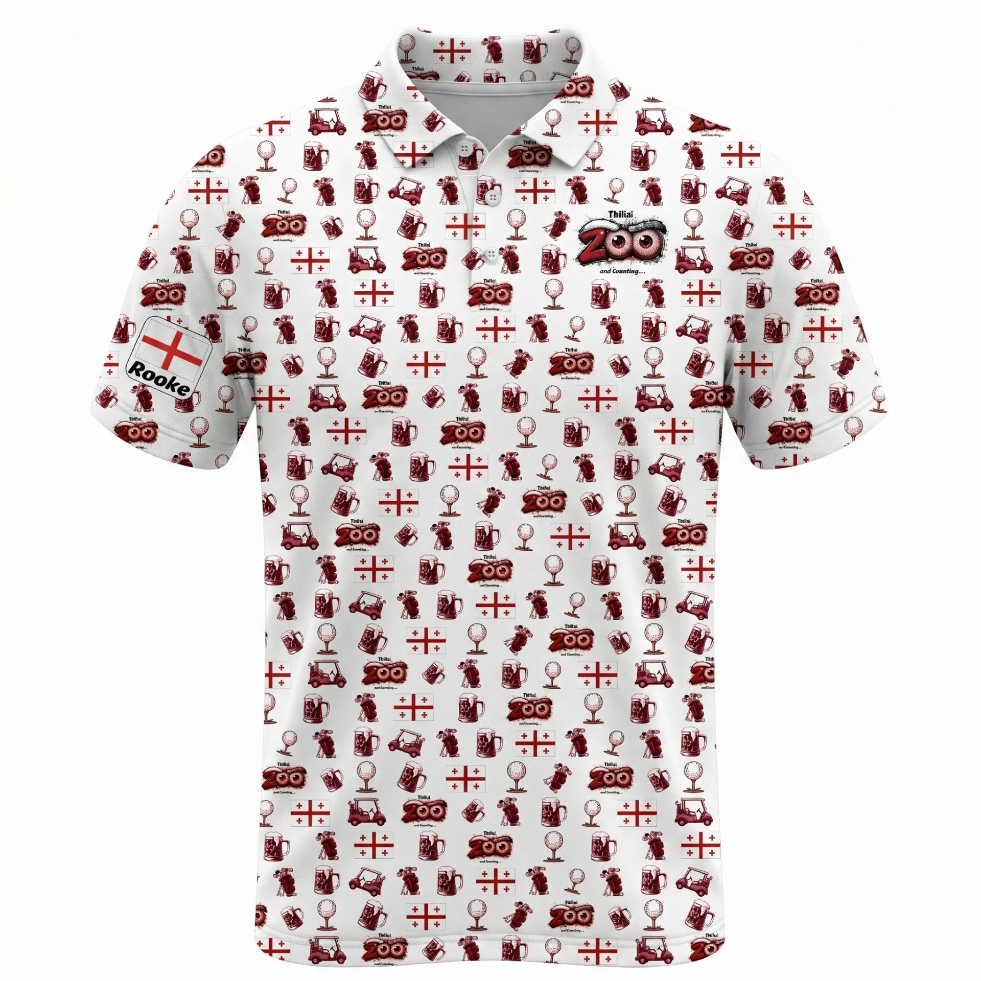 3D mockup of the MUGS Georgia Tour 2026 polo in white with red Tbilisi golf and beer print