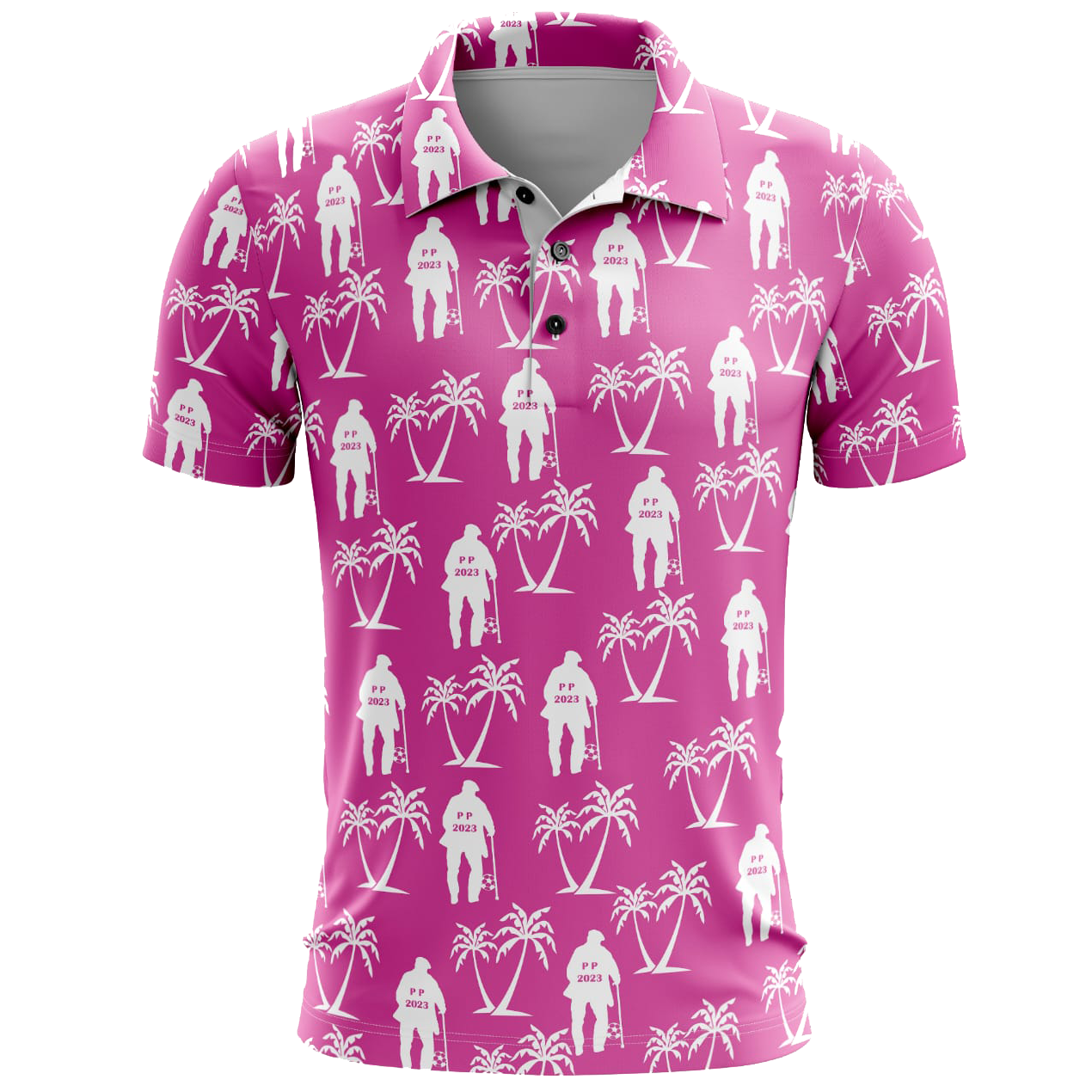 Mockup of the SAK FC 2024 polo in pink with white palm trees