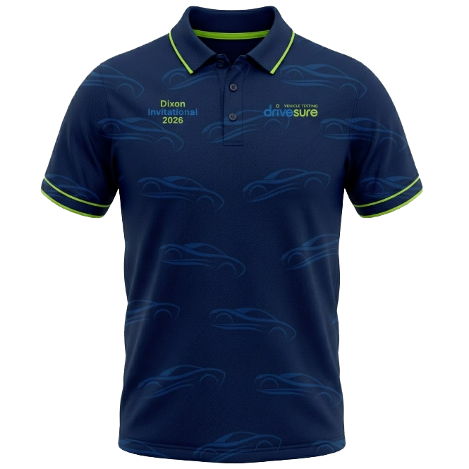 Mockup of the Drivesure 2026 golf day polo in navy with sports-car line-work