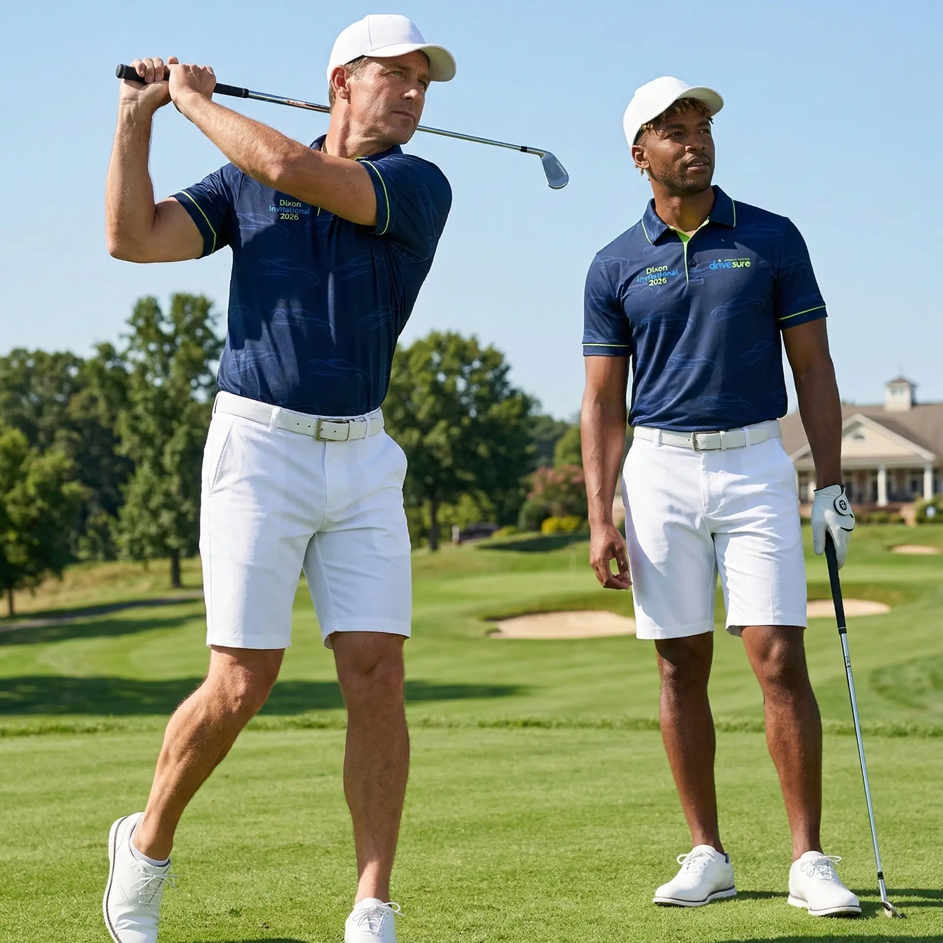 Golf day players in navy Drivesure polos with lime collar tipping