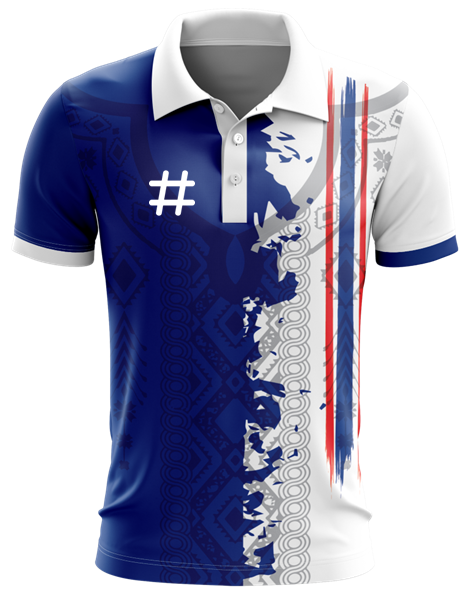 Mockup of the Sahara FC après polo in royal blue and white with tribal print