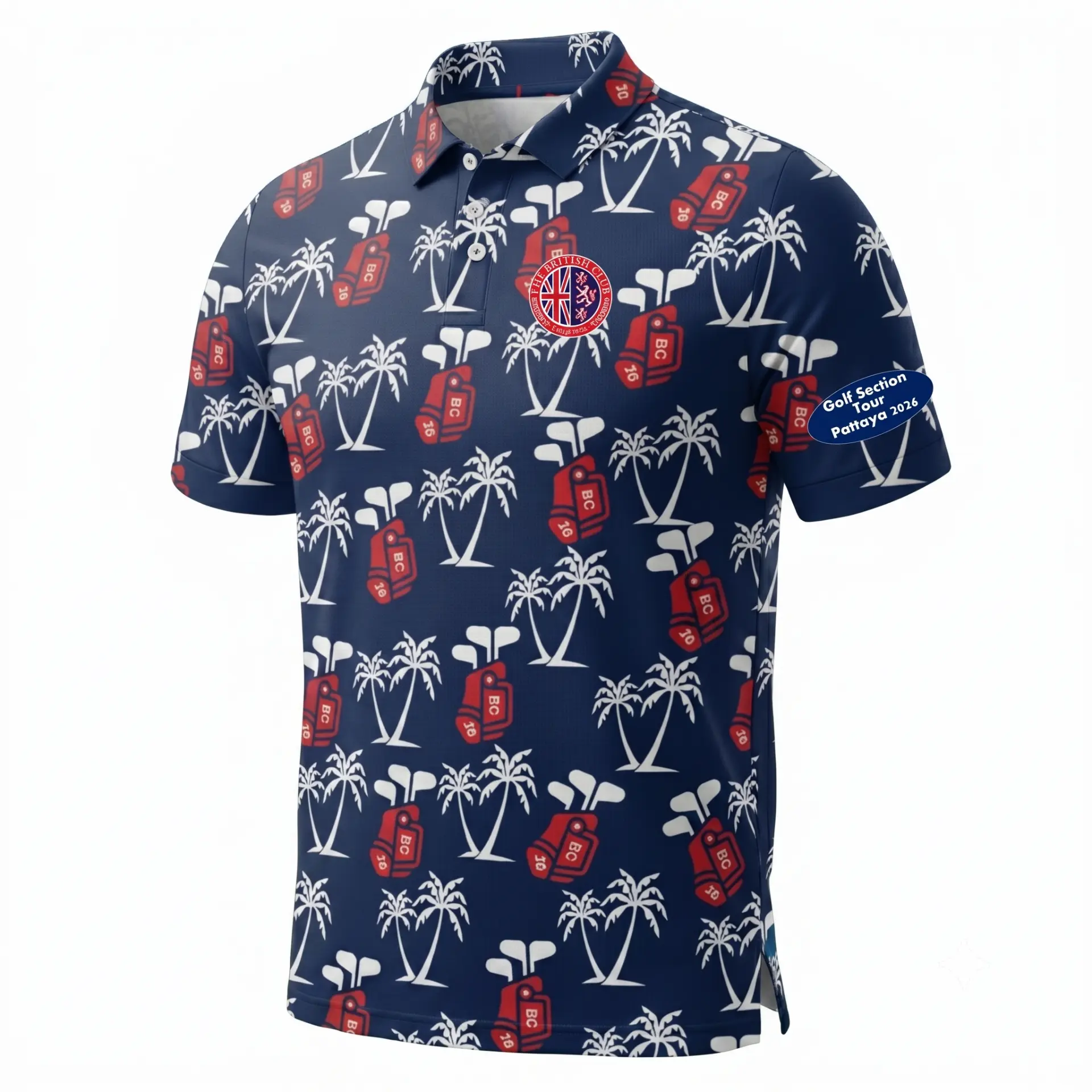 Mockup of The British Club Singapore Pattaya 2026 tour polo in navy with white palms