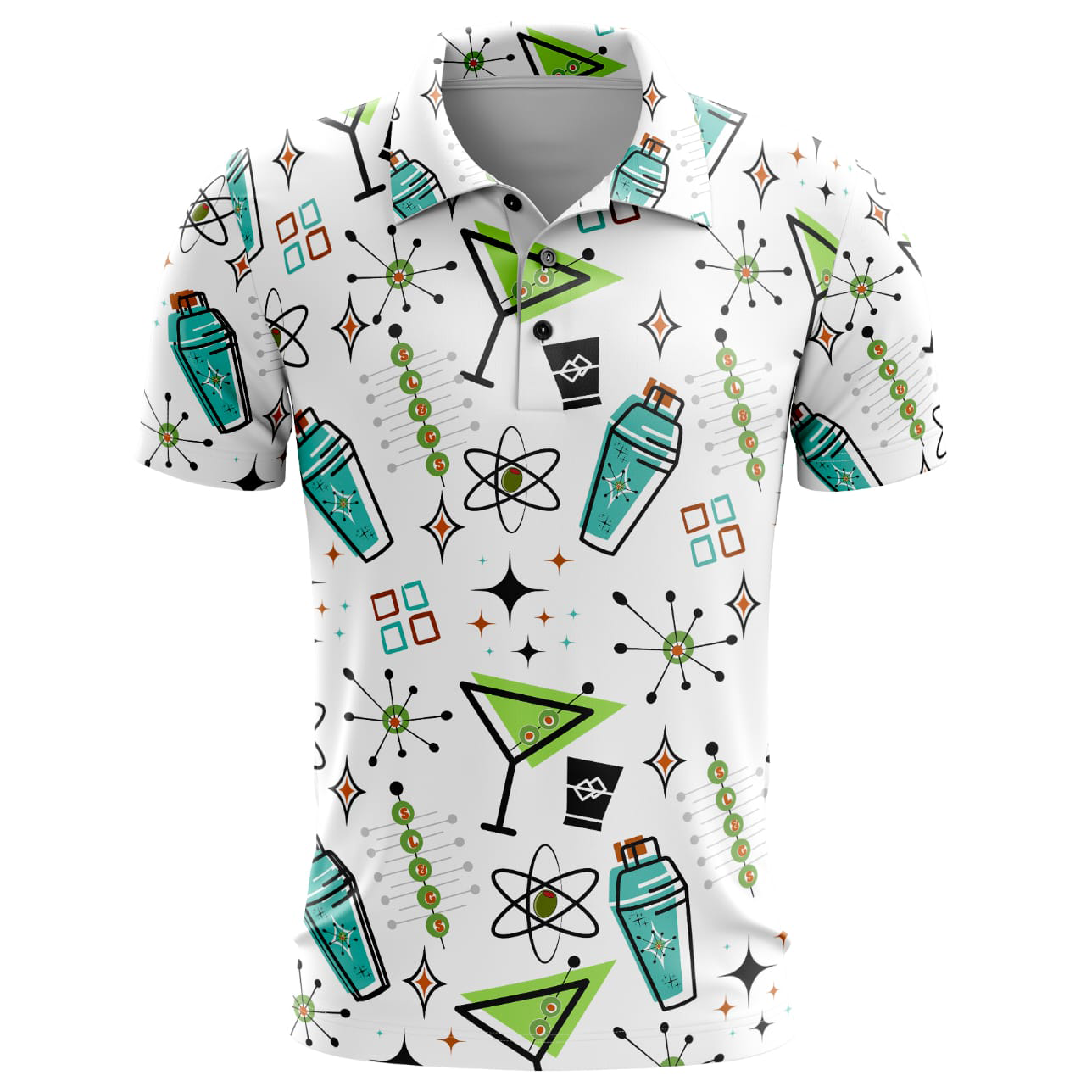 3D mockup of the SL&GS 2025 après polo with retro cocktail shaker and martini print