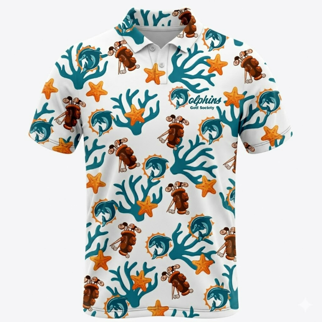 3D mockup of the Qatar Dolphins Golf Society 2026 polo in white with teal coral, starfish and dolphin print
