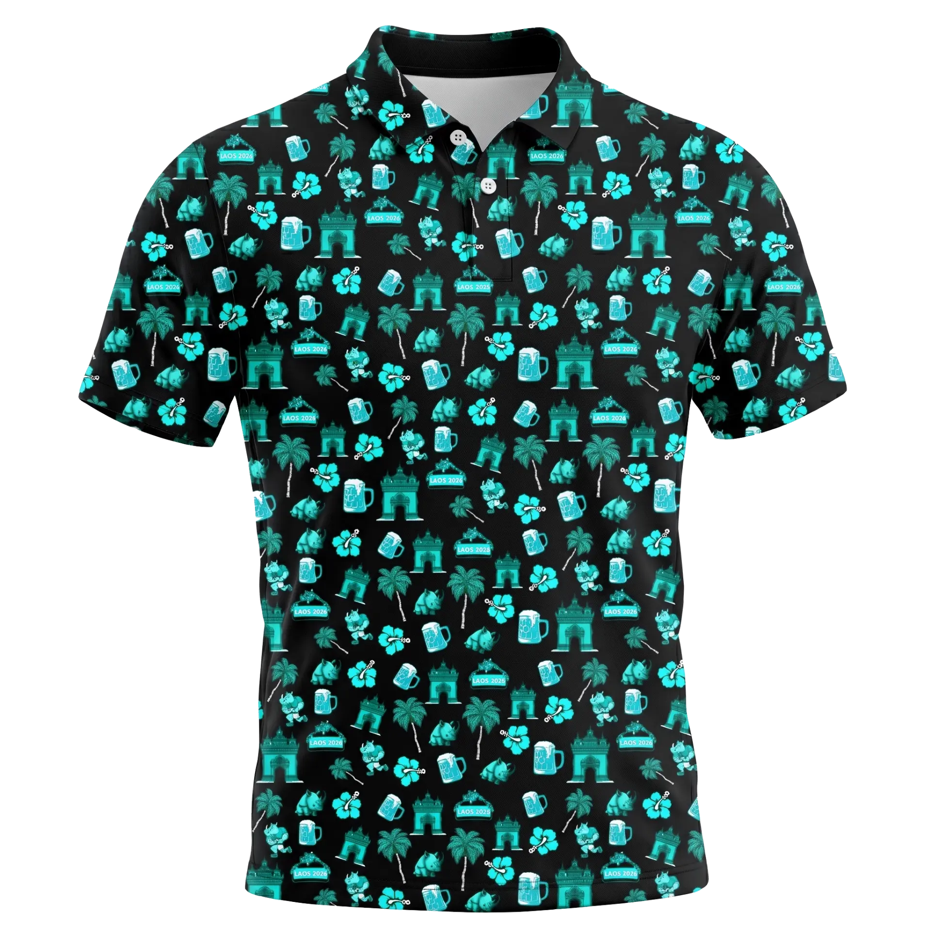 Mockup of a black and turquoise custom tour polo