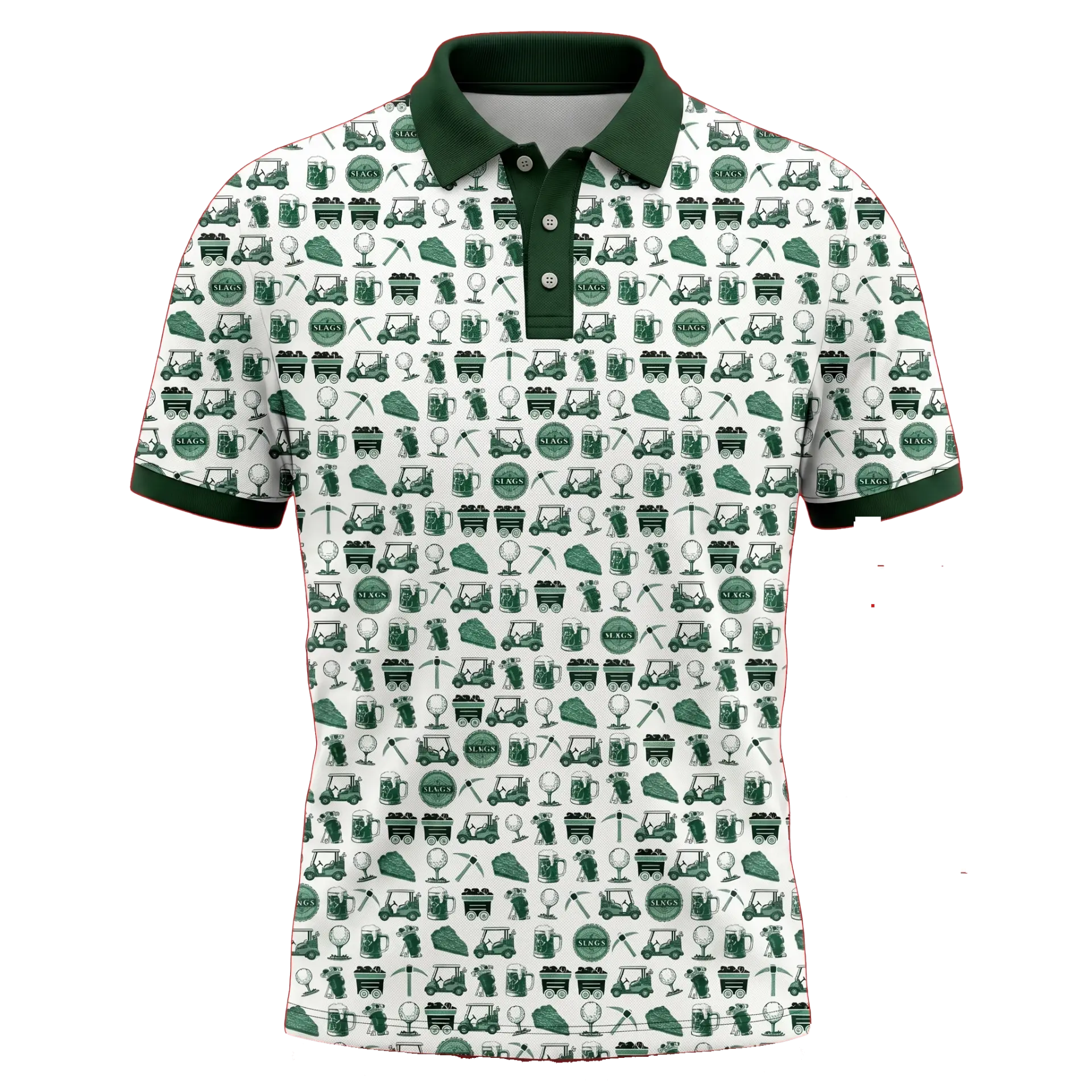 3D mockup of the Yorkshire SL&GS Matlock 2026 polo in white with green golf buggy, stein and pickaxe print