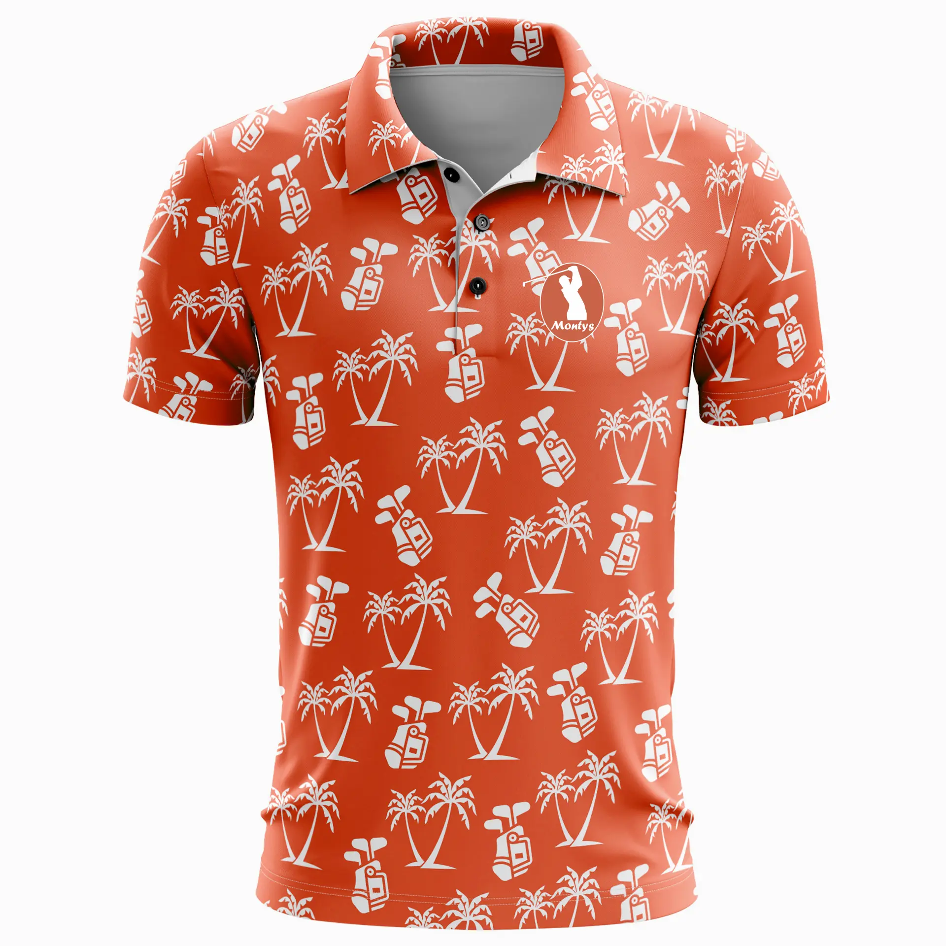 3D mockup of the MONTY Dubai Tour 2025 Vietnam polo in orange with white palm tree and golf bag print