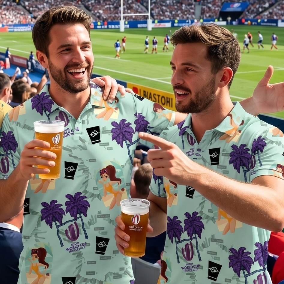 Two mates in mint Rugby World Cup 2023 tour polos with beers in the stands