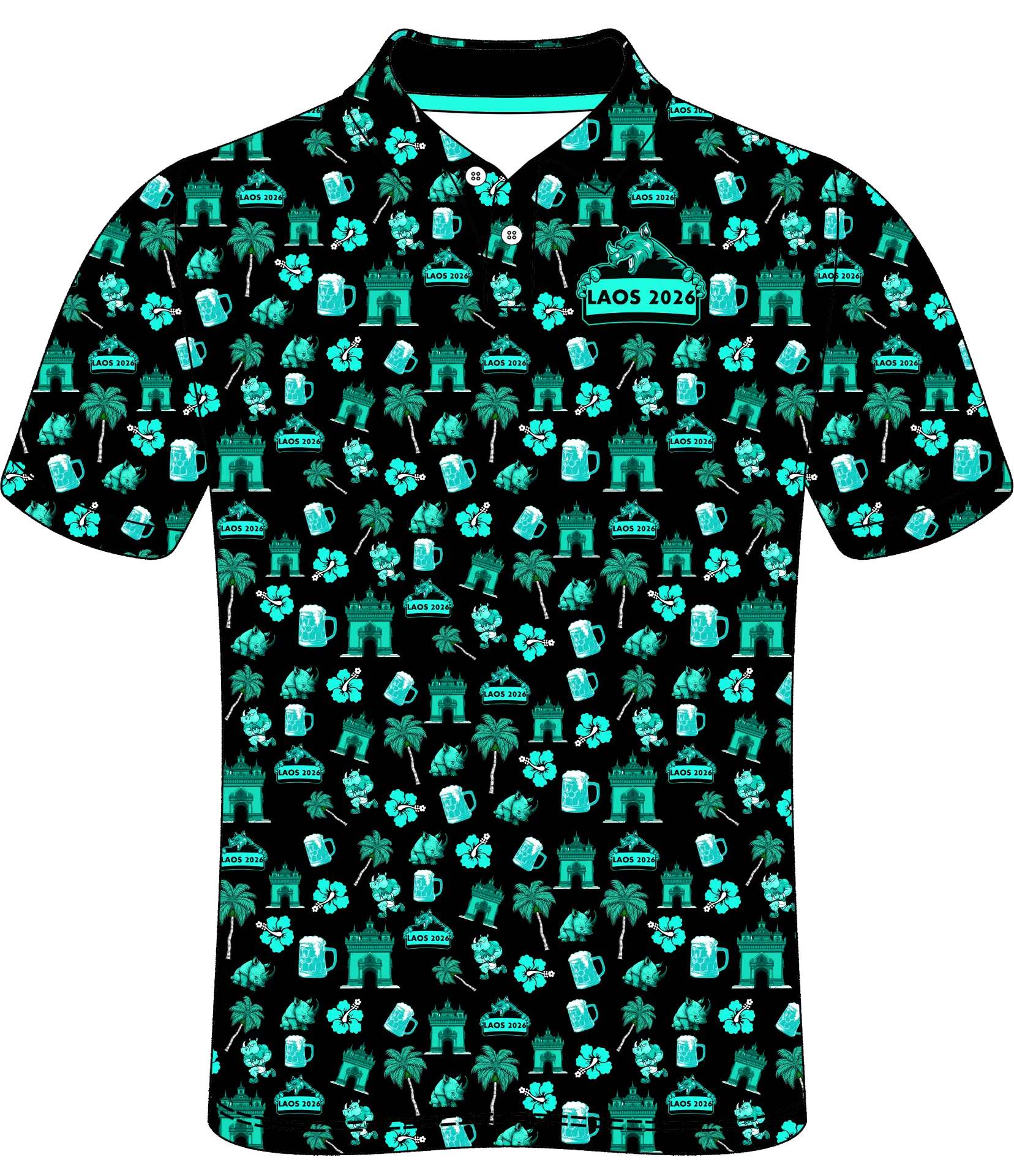 3D mockup of the Rhino RFC Laos Tour 2026 polo in black with turquoise Patuxai, palm and beer print