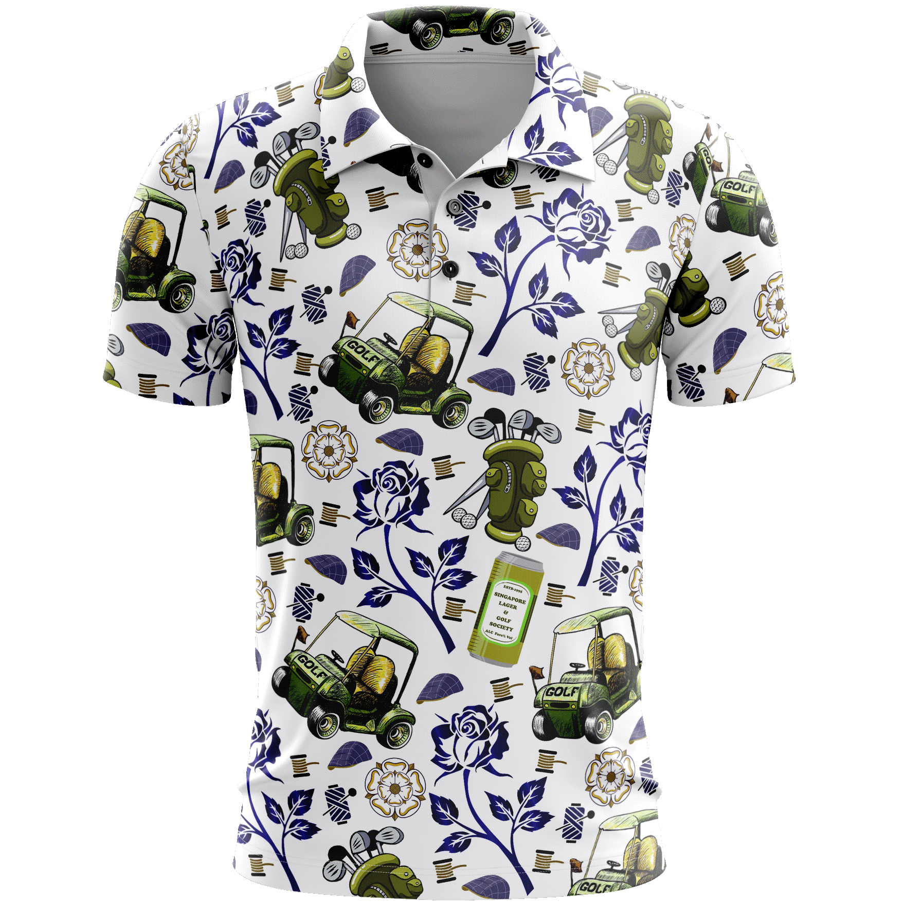 3D mockup of the Yorkshire Golf Tour 2024 polo with navy roses, golf buggies and flat caps