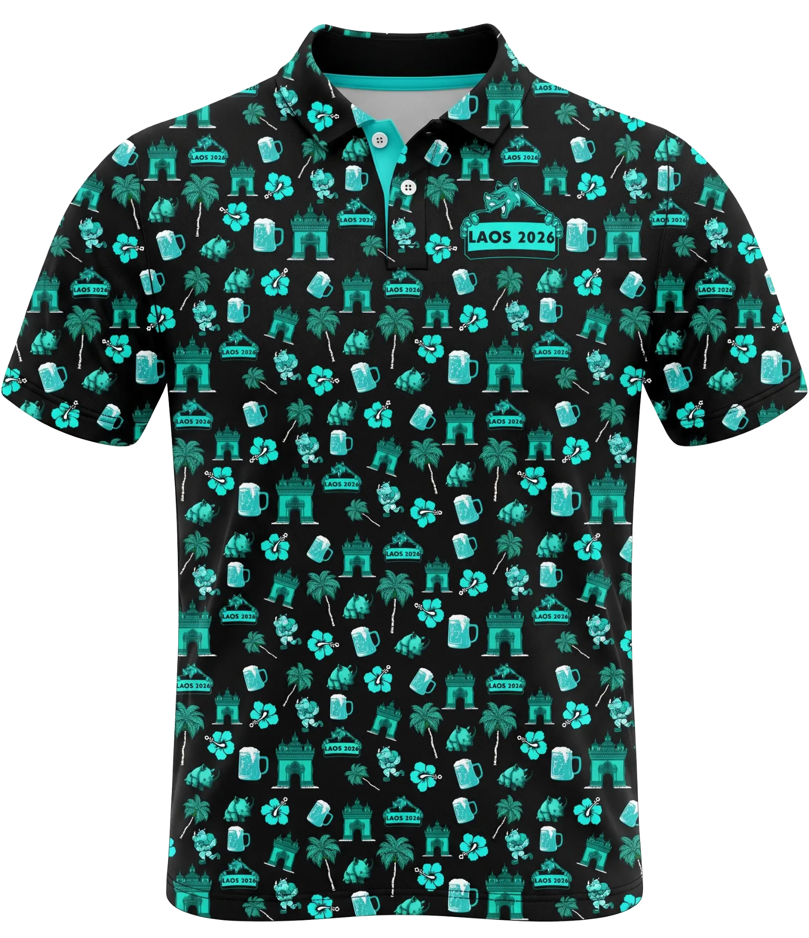 3D mockup of the Rhino RFC Laos Tour 2026 polo in black with turquoise Patuxai, palm and beer print