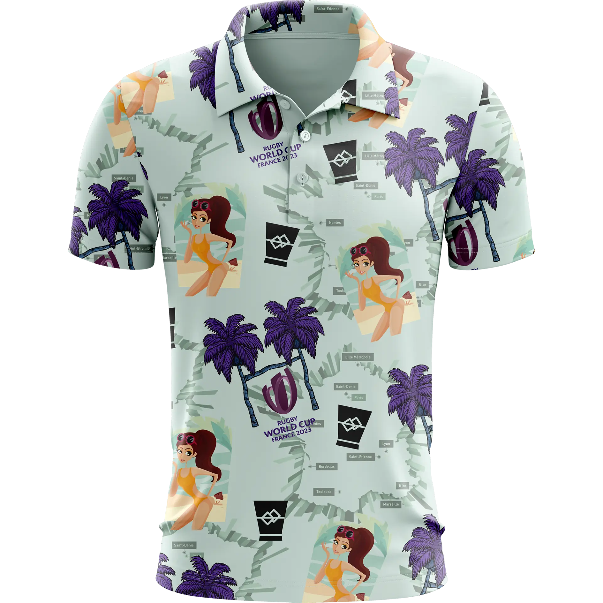 3D mockup of the 2023 Rugby World Cup tour polo with purple palms and France host-city map print
