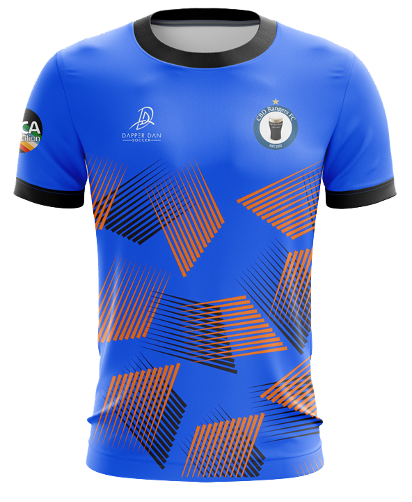 Mockup of the CBD Rangers 2025 home kit jersey in blue with cross-hatch print