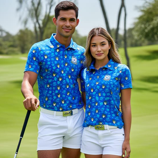 Two golfers on the course in matching blue and jade Hong Kong Police tour polos