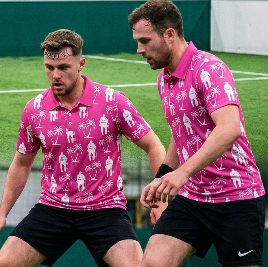 Two SAK FC players in pink palm-print 2024 club polos during a match