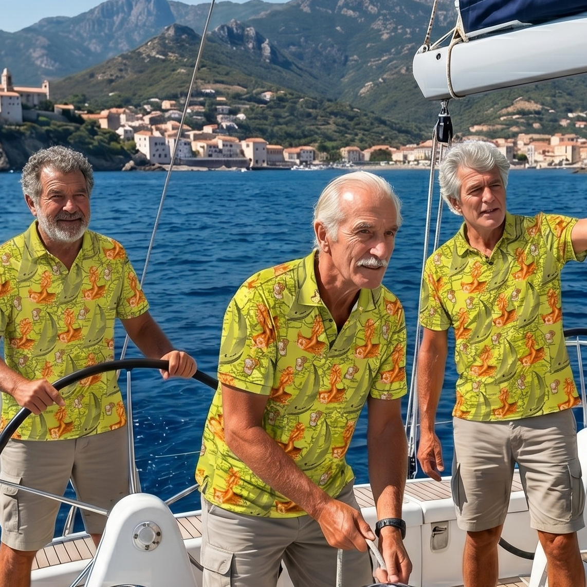Old Boys sailing a yacht off the Corsican coast in matching lime green polos